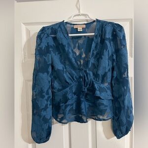 BCBGMaxAzria Blue Long Sleeve Tie Front Blouse